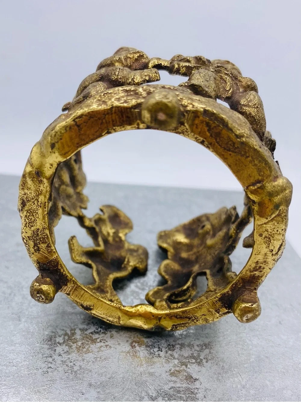 Two Vintage Footed Brass Votive/Tea Light Candle Holders Feature Dancing Cherubs